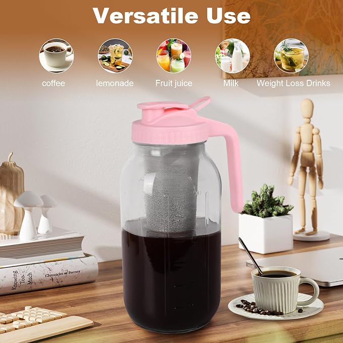 Cold Brew Coffee Maker，64 oz Wide Mouth Mason Jar Pitcher with Stainless Steel Filter, Pour Spout Handle Lid, Heavy Duty Glass Airtight & Leak-Proof for Iced Coffee & Tea Lemonade-Pink - Image 6