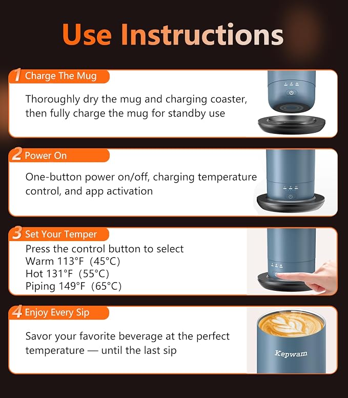 Kepwam Heated Coffee Mug Rechargeable T3, 20oz Self-Heating Travel Mug for Coffee with 1℉ Precise Temperature Control & App, Portable Cup Warmer for Outdoor & Car (Fits Cup Holders) - Image 8