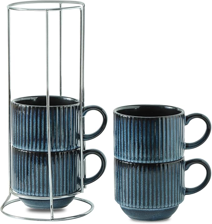 glowworm Coffee Mugs Set of 4, 15 Oz Stackable Coffee Mugs with Rack, Ceramic Cups for Home, Office, Housewarming & Engagement Gifts, Microwave & Dishwasher Safe, Navy Blue by GLOWWORM