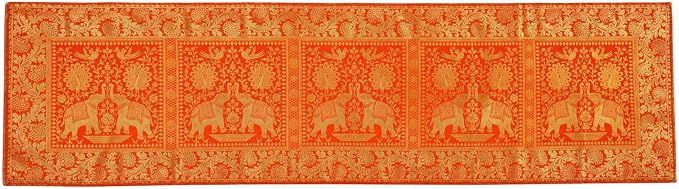 Indian Traditional Silk Table Runner 60 x 16 Inch, Elephant & Peacock Art Design Decorative Table Cloth, Orange Dining Table Runner for Kitchen, Living Room and Festive Home Decor - Image 4