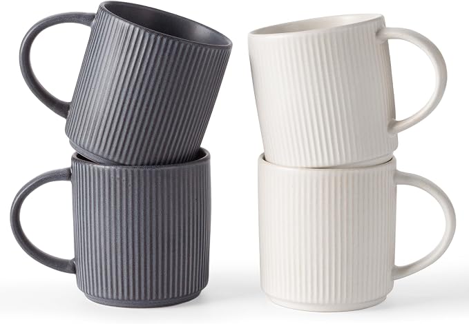 famiware Coffee Mug Set for 4, Star 12 oz Catering Mugs Cup Set with Handle for Coffee, Tea, Cocoa, Milk - Ceramic Stoneware Drinkware Set, Matte White + Matte Black by Famiware