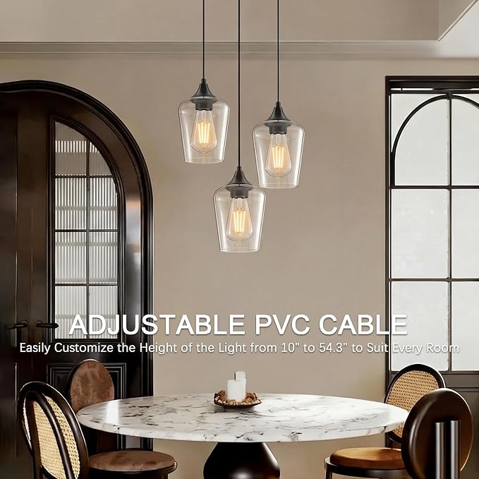 Ralbay Matte Black Industrial Pendant Light 3-Pack, Pendant Light Fixtures with Wine Clear Glass Shade, Adjustable Height for Kitchen Island, Farmhouse Dining Room Hanging Lighting Fixture - Image 7
