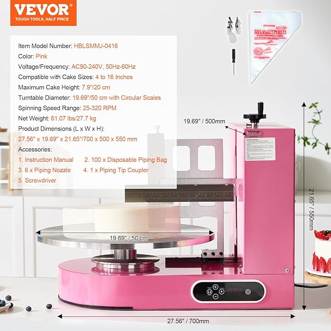 VEVOR Cake Decorating Machine, Cake Cream Spreading Coating Smearing Machine, Low Noise Cake Frosting Machine, Turntable with Adjustable Scraper, for 4" to 16" Cake, 25-320RPM Rotating Speed, Pink