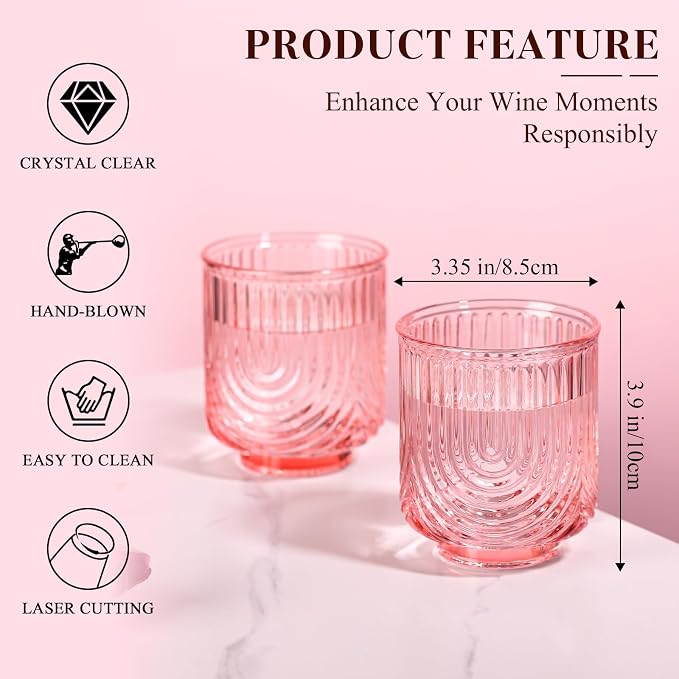 Pink Vintage Drinking Glasses Set of 6-15oz Hand-Blown Highball Ribbed Glassware, Arch Design Cocktail Glasses for Whiskey Water Beverages Ice Coffee Juice Milk - Image 3