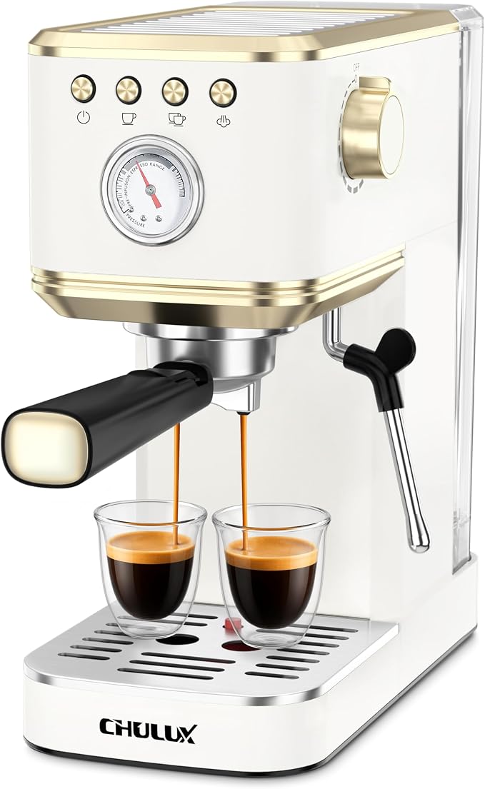 CHULUX Slim Espresso Machine with Milk Frother for Home Latte, White & Gold | Precise Pressure Gauge, Food-Grade Materials, 20 Bar Italian Pump, Professional Temperature Control System, Stainless Steel by CHULUX
