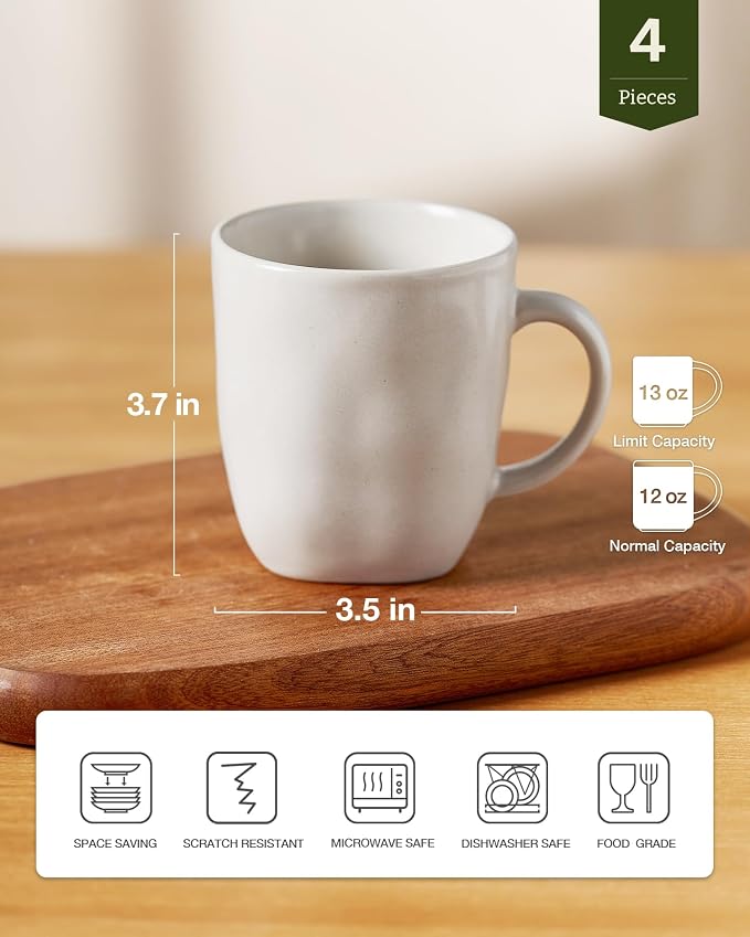 famiware Coffee Mugs Set of 4, Ocean Square 13oz Coffee Cup Set with Handle for Cocoa, Milk, Hot Chocolate, Tea, Water, Stoneware Cups for Kitchen, Microwave and Dishwasher Safe, Matte White - Image 4