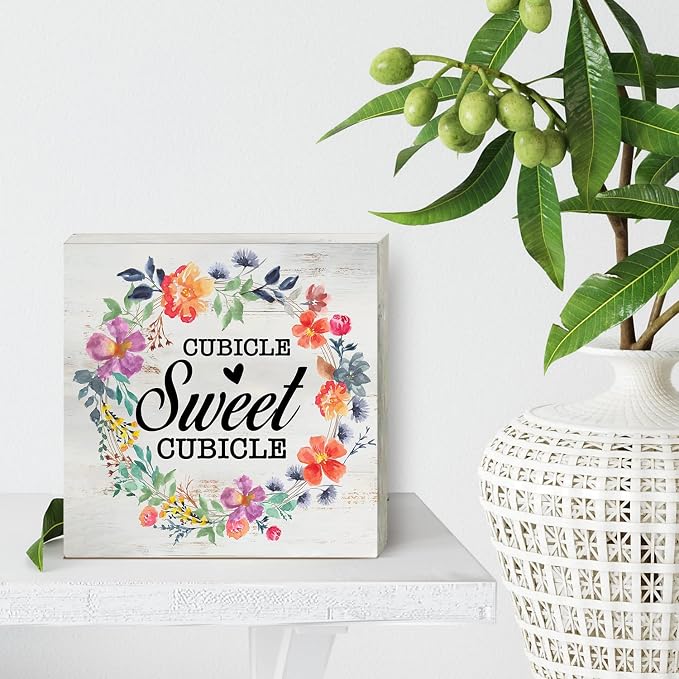 Cubicle Sweet Cubicle Wood Box Sign Decor Rustic Funny Office Space Wooden Box Sign Block Plaque for Wall Tabletop Desk Home Office Decoration 5" x 5", Coworker Gift - Image 4