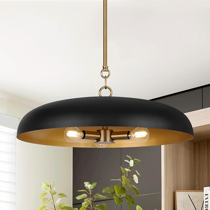 LamQee 20 Inch Oversized Large Pendant Lights, 3-Lights Black and Gold Modern Dome Chandelier, Industrial Metal Pendant Lighting Fixture Ceiling Hanging for Kitchen Island, Dining Room Over Table, Bar by LamQeeLights