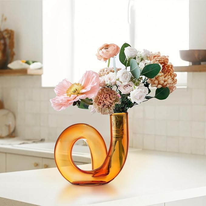 Joeyan Handmade Small Amber Glass Flower Vase,Decorative Geometric Glass Bud Vase for Modern Home Centerpieces Living Room Office,4.72" Abstract Vase for Single Flower and Dry Flowers - Image 4