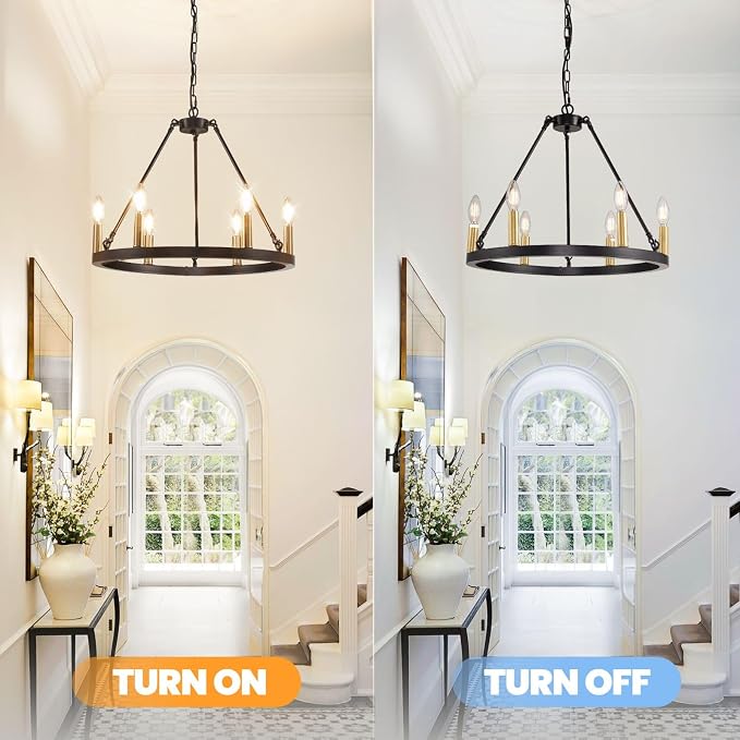 WJShome 20.7" Wagon Wheel Chandelier, Farmhouse Ceiling Light Fixture, 6-Light Black and Gold Chandeliers, Round Dining Room Light Fixtures, for Kitchen Island, Foyer, Entryway - Image 5