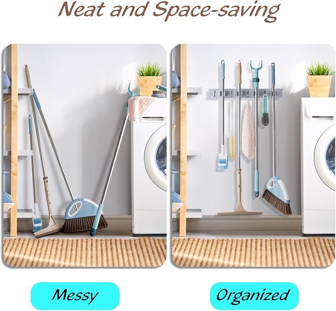 OUTNILI Gray Mop Broom Holder Wall Mount with 4 Slots & 4 Hooks - Wood Broom Mop Hanger for Pantry Closet Laundry Room Organization - Heavy Duty Garden Tool Organizer - Image 3