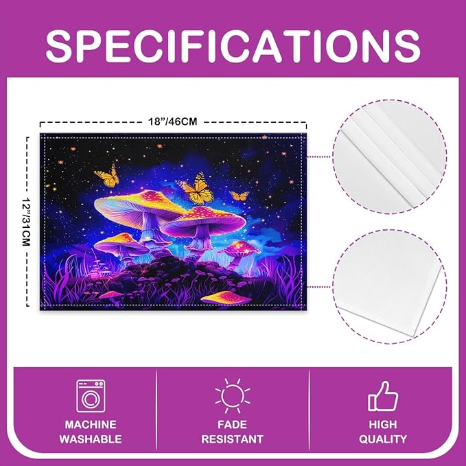 Feelyou Colorful Mushroom Table Place Mats 18"x12" Butterfly Placemats Set of 4 Nature Placemat for Kitchen Dining Table Decor Indoor Outdoor Mushroom Decor Table Place Mats Wild Mushroom Stuff - Image 4