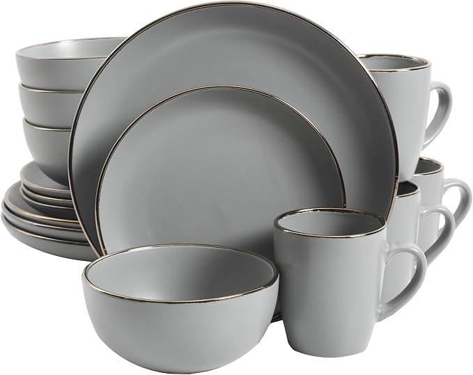 Gibson Home Rockaway 16-Piece Round Stoneware Dinnerware Set, Service for 4 – Grey with Gold Rim Plates and Bowls, Microwave & Dishwasher Safe by GibsonHomewares