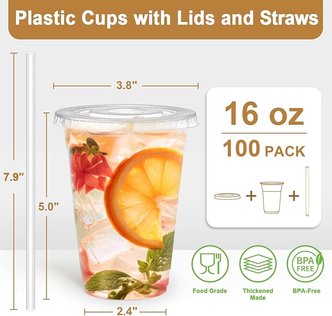 16 oz 50 Pack Plastic Cups with Lids and Straws, Sturdy Food Safe Iced Clear Coffee Cups Disposable Smoothie Cups for Cold Drinks