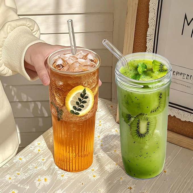 32oz Ribbed Glassware Large Cup, Glass Cups With Lids And Straws,Iced Coffee Cups With Lids,Glasses Drinking Set,Cute Cups,Boba Cup,With Straw Brush,Ideal Gift - Image 5