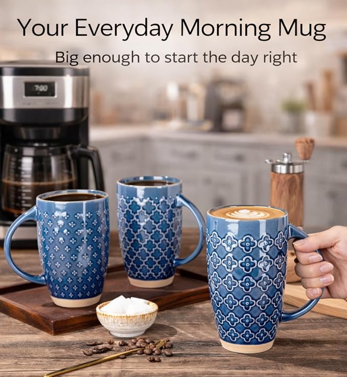 GBhome 20oz Large Coffee Mugs Set of 6, Handmade Tall Ceramic Coffee Mugs with Texture Patterns for Cappuccino, Latte,Hot Cocoa, Dishwasher & Microwave Safe-Moonlight Blue - Image 6