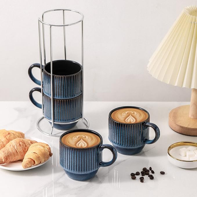 Hasense Navy Coffee Mugs Porcelain Set of 4 with Rack - 12 oz Stackable Coffee Cups Ceramic, Modern Ribbed Latte Cup Sets for Cappuccino, Tea, Espresso, Hot Cocoa, Drinks - Dishwasher & Microwave Safe - Image 5