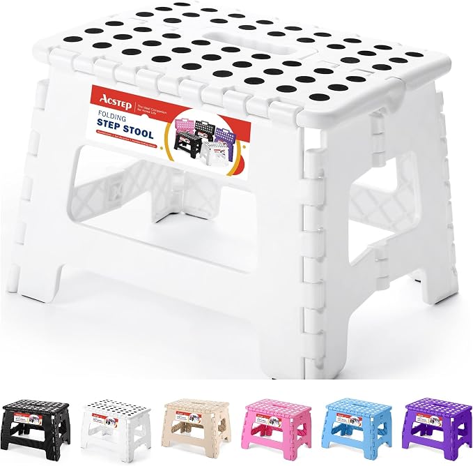 ACSTEP 9 Inch Folding Step Stool for Kids and Adults, Holds 300 lb, White | Heavy Duty Foldable Stools, Lightweight, Non-Slip, for Toddler, for Kitchen Bathroom Bedroom Outdoor, Collapsible with Handle by ACSTEP
