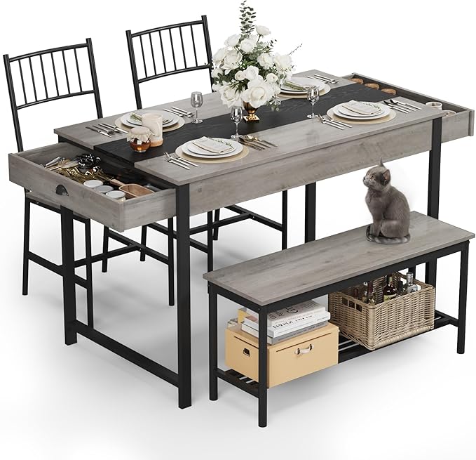 GarveeHome Dining Table Set for 4,Kitchen Table with Bench & 2 Chairs, Grey | Includes Storage Rack & Drawers, Space-Saving，Rectangular Farmhouse Style, Perfect for Breakfast Nook by GarveeHome
