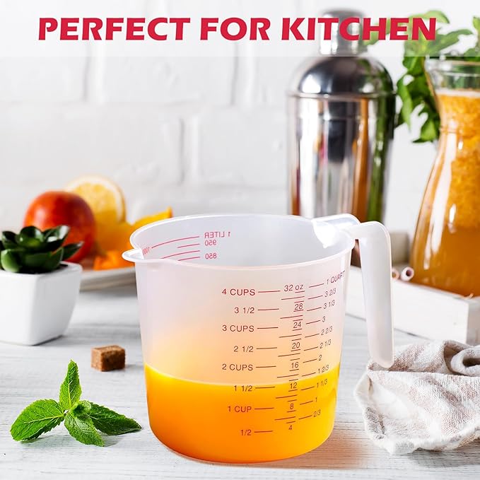8 Pcs 4 Cup Capacity Plastic Measuring Cup, 32 Oz/1000 ml Clear Graduated Measuring Cups Plastic Mug with Spout and Handles Ounce and Ml Cup Marking for Recipe Ingredient, Flour, Water, Liquid