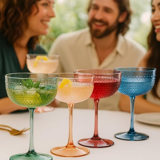 Khen Muted Hobnail Coupes Vintage Textured Pastel Style Cocktail Martini Champagne Saucer Retro Colored Glass Goblets Set of 4 10.15oz Durable Glassware Decorative Barware Classic Party Drink - Image 7