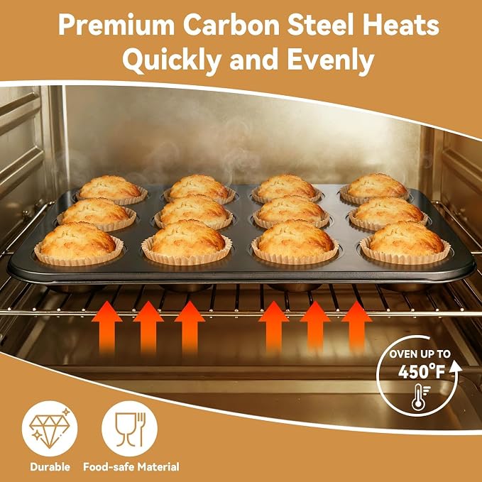 Artcochan 2 Pack Muffin Pan with 100 Cupcake Liners, 12 Cup Nonstick Cupcake Pan for Baking, Carbon Steel Baking Supplies Muffin Tin - Image 4