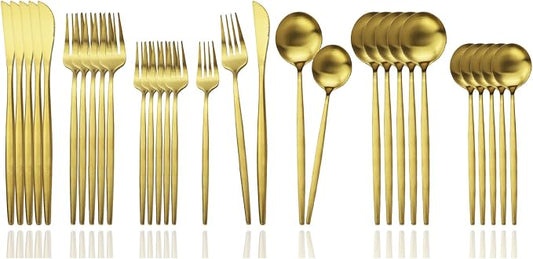 JASHII Flatware Silverware Set - Stainless Steel Satin Finish Cutlery Service for 6, 30-Piece Spoons and Forks Kitchen Utensils, Dishwasher Safe (Matte Gold) by JASHII