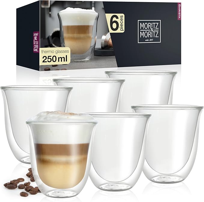 Moritz & Moritz Double Walled Coffee Glasses Set of 6-250ml Insulated Cups for Cappuccino, Tea, Hot & Cold Drinks - Dishwasher Safe, Heat Resistant, Clear Glass Mugs
