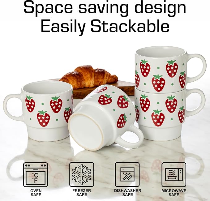 Signature Housewares Stackable Coffee Mug Tower Set with Metal Wire Rack - 15 Ounce Coffee Mugs for Coffee, Tea, Cocoa, Milk, Cappuccino, Hot Chocolate Set of 4 - Strawberry Pattern - Image 5