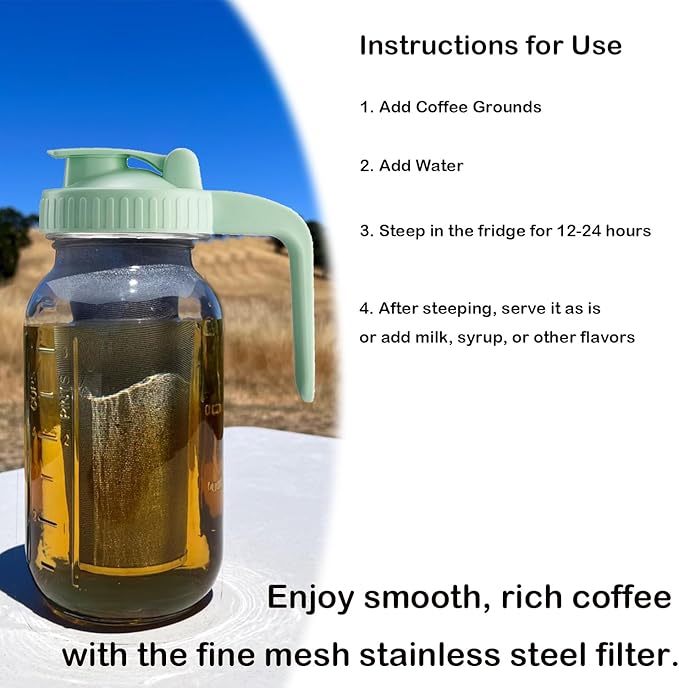 Fermus Set of 2 Cold Brew Coffee Maker, 64oz / 2Quart Glass Pitcher with Stainless Steel Filter and Pour Spout Handle Lid, Mason Jar for Making Cold Coffee, Fruit Drinks, Sun Tea (2)