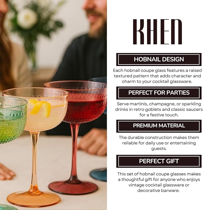 Khen Muted Hobnail Coupes Vintage Textured Pastel Style Cocktail Martini Champagne Saucer Retro Colored Glass Goblets Set of 4 10.15oz Durable Glassware Decorative Barware Classic Party Drink - Image 5