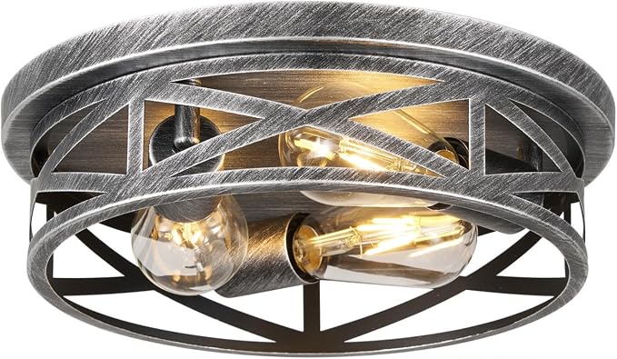 3-Light Cage Ceiling Light Fixtures, Farmhouse Close to Ceiling Lights, 13 Inch Black and Silver Metal Flush Mount Ceiling Lights for Bedroom, Living Room, Porch Kitchen Entrance by Wyneyet