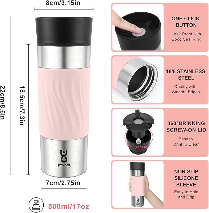Travel Coffee Mug with 360°Lid, Travel Coffee Tumbler 16 oz Leak Proof, Stainless Steel Insulated Travel Mugs for Hot and Cold Spill Proof Leak Proof(Pink) - Image 5