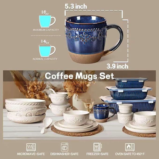 Artena Ceramic Coffee Mugs Set of 4, 16oz Embossed Large Latte Mugs Coffee Cups with Handle for Tea, Latte, Cappuccino & Cocoa, Milk Dishwasher & Microwave Safe, Blue (Multiple Patterns) - Image 2
