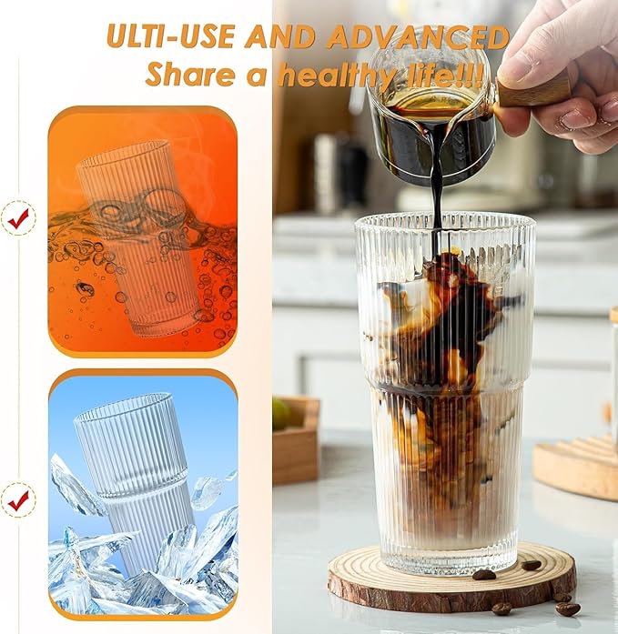 20oz Glass Tumblers with Lids and Glass Straws, Thickened for Iced Coffee, Smoothies,Cocktails and Juices-Elegant Durable for Home, Office,Travel (Clear)