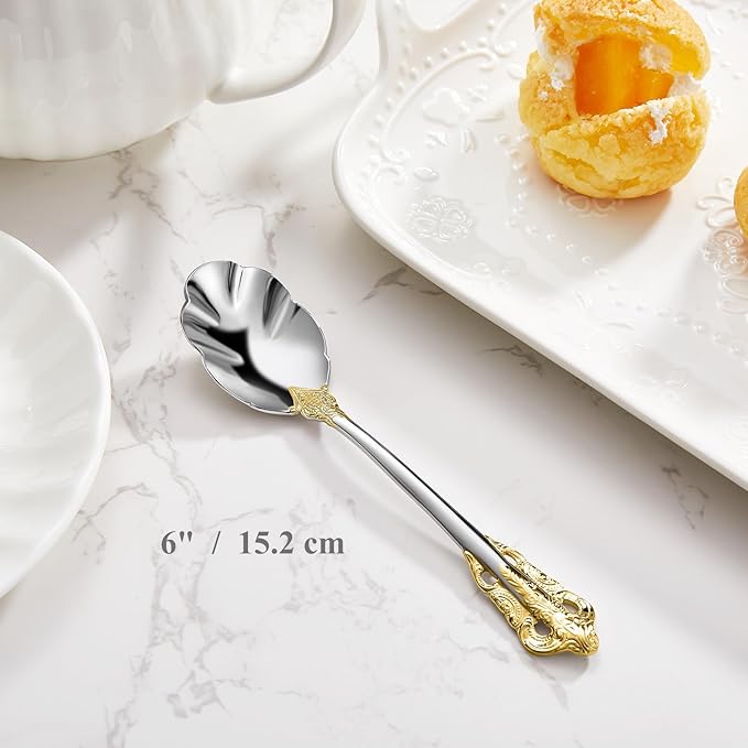KEAWELL Premium Luxury 4-Piece 6" Tea Spoon Set, 18/10 Stainless Steel, Vintage Coffee Espresso Demitasse Spoons, Smooth Edges, Dishwasher Safe (Gold Accent)