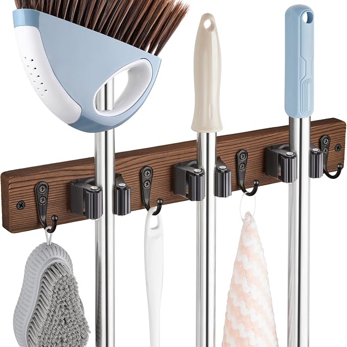 OUTNILI Mop Broom Holder Wall Mount with 3 Slots & 4 Hooks - Wood Broom Mop Hanger for Pantry Kitchen Organization - Garden Tool Organizer for Closet Laundry Room - for Rustic Farmhouse Kitchen Decor by OUTNILI