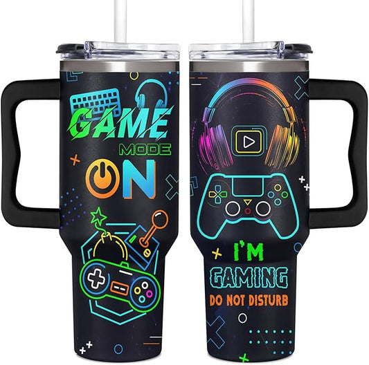 Gamer Gifts for Men from Daughter, Son, Kids, Wife - 40oz Game Tumbler With Handle and straw for Father's Day, Christmas, Birthday, Valentines Day - 40 oz Stainless Steel Tumbler for Gaming Men