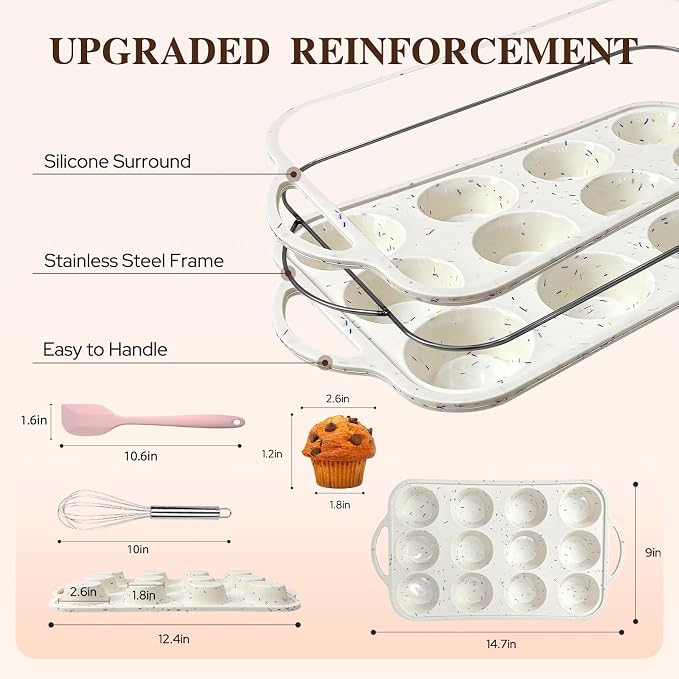 2 Pack Silicone Muffin Pans, 12 Cup Cupcake Pan with Metal Reinforced Frame | 3 Baking Tools Included, Nonstick Molds for Homemade Muffins, Cupcakes, Egg Bites, Oven & Dishwasher Safe - Image 2