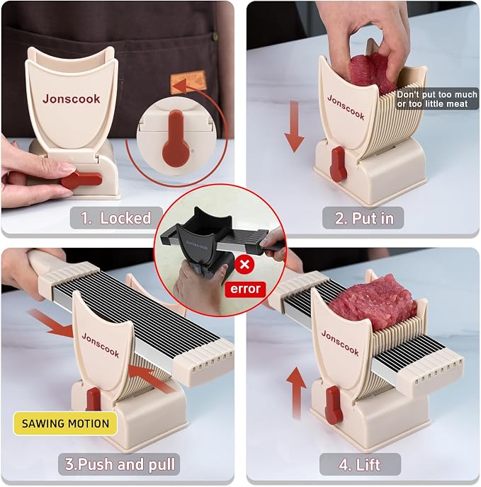 Fresh Meat Slicer, Manual Fresh Meat Cutter, Meal Prep Ideas, Adjustable Thickness 2mm or 4mm, 17 Blades get 18 Meat Slices, Meat Cleavers can be Sliced, Striped, Diced -Pink - Image 5