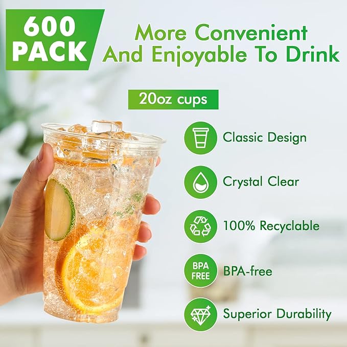 Lilymicky 600 Pack 20 oz Clear Plastic Cups, PET Disposable Drinking Cups, Crystal Clear, Perfect for Ice Coffee, Smoothie, Soda, or Any Cold Drinks