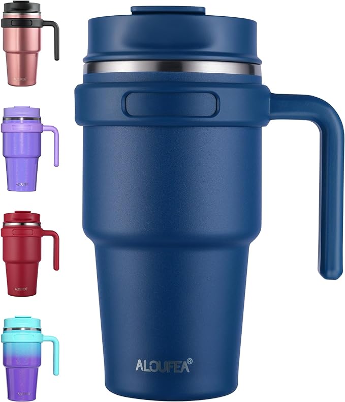 20 oz Insulated Coffee Mug Tumbler with Handle, Stainless Steel Travel Mug Tumbler with Lid and Straw,Double Wall Vacuum Leak Proof Ice Coffee Thermal Cup, Navy | Leakproof Stainless Steel Coffee Cup with Lid, Double Wall Vacuum Ice Thermal Cup, Navy by ALOUFEA