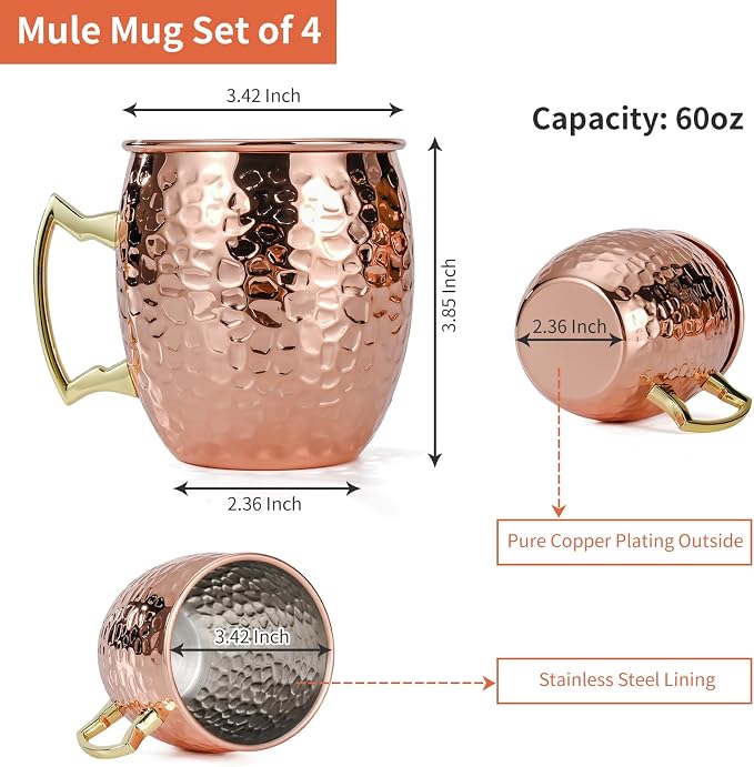 Amrules Moscow Mule Mugs Set of 4, 16 OZ Hammered Copper Cups with 304 Stainless Steel Lining and Gold Brass Handles, Includes Straws, Opener, Jigger, Brush, Fit for Cold Drinks, Bars, Parties - Image 3