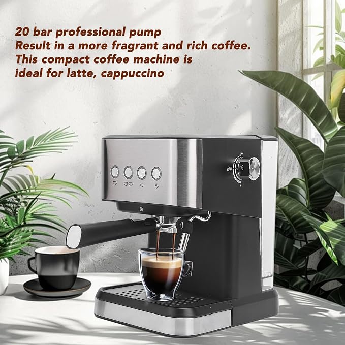 Semi Automatic Compact Coffee Machine 20 Bar Maker with Milk Frother Steam Wand, 1.5L Water Tank, Quick Preheat, 110V for Cappuccino Latte - Stainless Steel (US Plug 110V) - Image 2