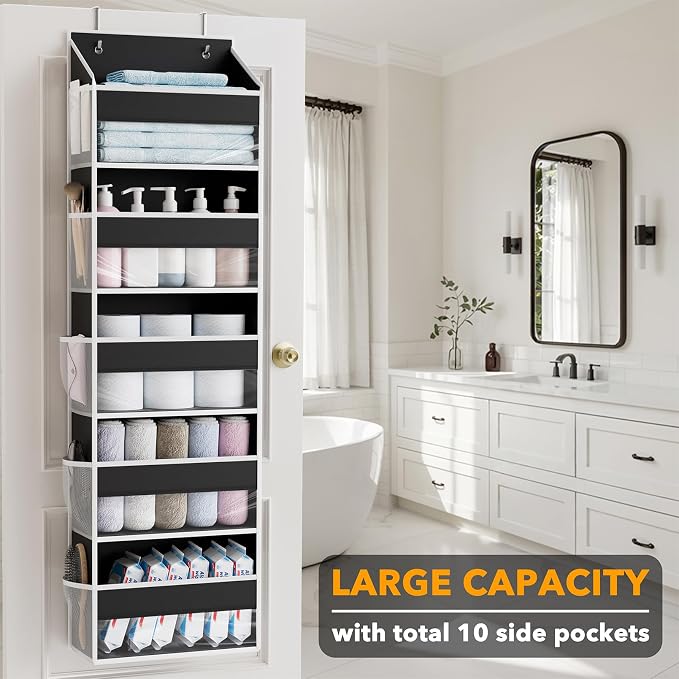 SpaceAid 1 Pack Over The Door Organizer with 5 Large Pockets and 10 Mesh Side Pockets, 5 Layers Door Organizer Hanging with Clear Window for Bedroom, Bathroom, Pantry and Nursery, Black - Image 3