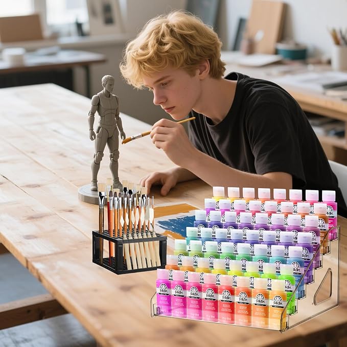 2 Pack 7 Layer Acrylic Paint Organizer & 1 Brush Holder,Model Display Shelf Miniature Paint Bottle Organizer Compatible with Citadel Paints,Others(2 pcs Clear Paints Storage Rack+1 Black Brush Holder)