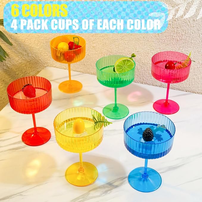 Jingmore 24 Pcs Ribbed Martini Glasses 10 oz Disposable Plastic Vintage Ribbed Coupe Glasses Unbreakable Dessert Parfait Glassware for Wedding Birthday Party Supplies (Hawaii Colors) - Image 3