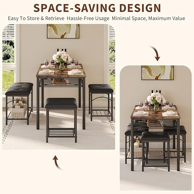 GarveeHome Dining Table Set for 4 with Upholstered Benches and 2 Stools, Modern Space Saving Kitchen Breakfast Table, Ideal for Small Kitchens, Apartments, Studios, and Compact Living Spaces - Image 7