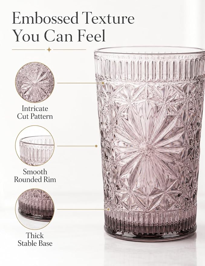 Colored Vintage Drinking Glasses Set of 6, 13 oz Gradient Embossed Highball Glasses, Textured Glass Cups Tumblers for Water, Iced Coffee, Juice & Cocktails, Dishwasher Safe(Dahlia style) - Image 3