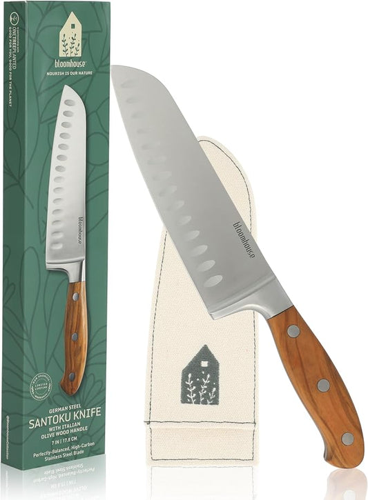 Bloomhouse Santoku Knife - 7-Inch German Stainless Steel Knive with Forged Italian Olive Wood Handle Two Time Oprah's Favorite Things Winner - Full Tang Kitchen Knife for Slicing Dicing & Mincing by Unknown